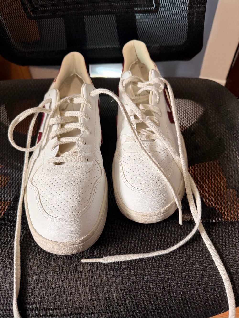 Veja sneakers , white leather with maroon trim, excellent condition men’s 11.5